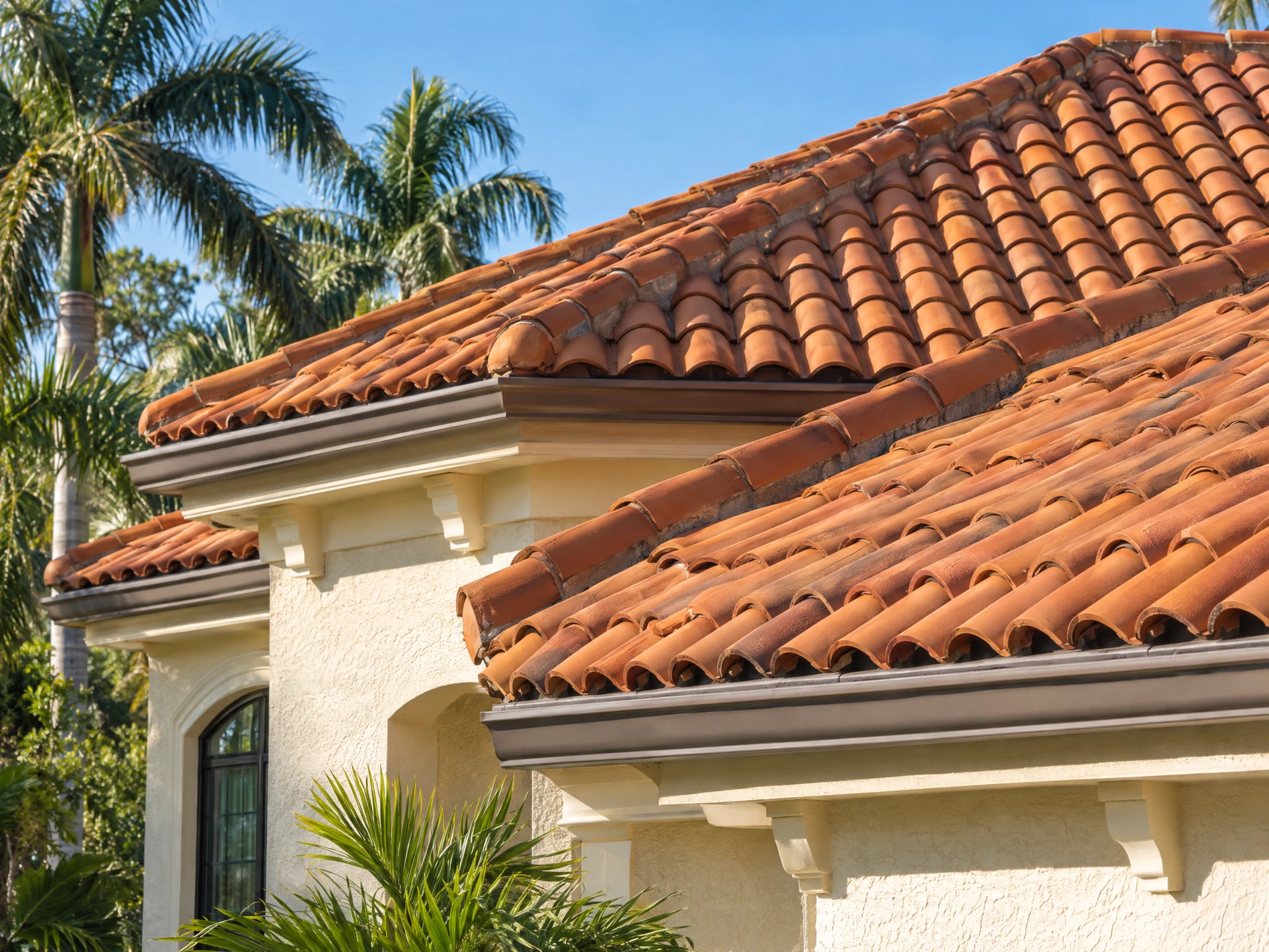 Roofing and property details deserve a closer inspection Detailed view of a Florida home's terracotta barrel roof tiles, stucco eaves and palm trees