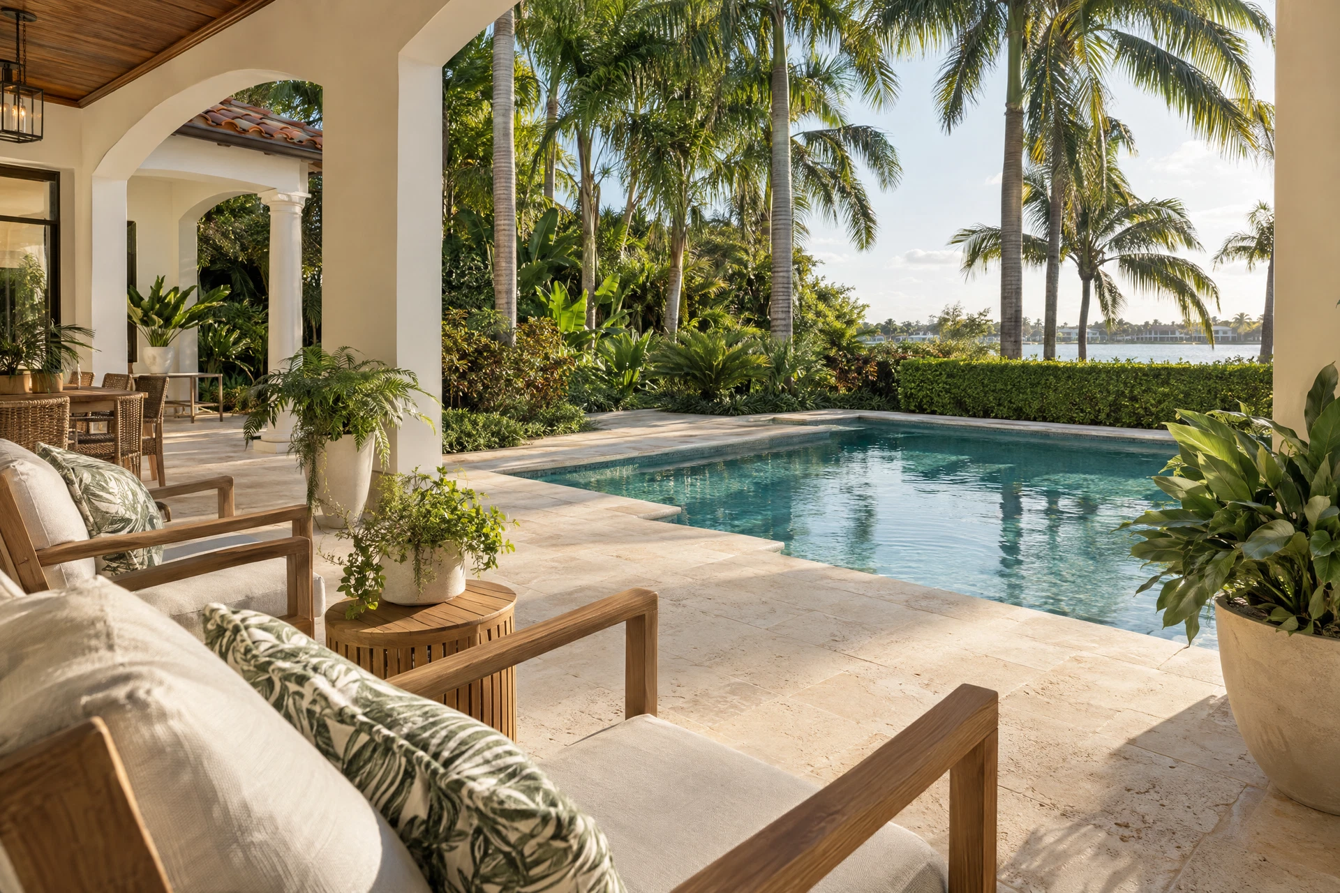 Support for as long as you own your inspected home Peaceful South Florida covered patio overlooking a swimming pool and tropical palm garden